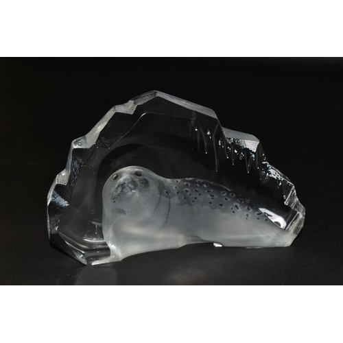 344 - TWO MATS JONASSON CRYSTAL SCULPTURES, heavily relief moulded, one depicting a seal, the other a pola... 