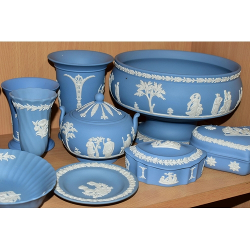 351 - TWENTY PIECES OF WEDGWOOD JASPERWARES, mainly pale blue, with two pieces of sage green, to include t... 