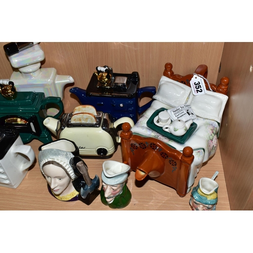 352 - A COLLECTION OF NOVELTY TEAPOTS AND CHARACTER JUGS, comprising eight novelty teapots in the forms of... 