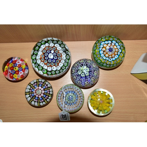 357 - SEVEN GLASS PAPERWEIGHTS, mainly millefiori types, to include one Perthshire paperweight with pastel... 