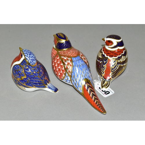 360 - THREE ROYAL CROWN DERBY BIRD PAPERWEIGHTS, comprising a Chaffinch, a Robin and a Pheasant, the Chaff... 