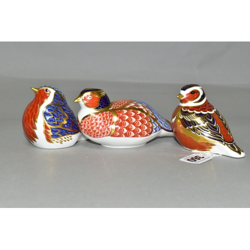 360 - THREE ROYAL CROWN DERBY BIRD PAPERWEIGHTS, comprising a Chaffinch, a Robin and a Pheasant, the Chaff... 