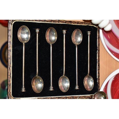 366 - A SET OF SILVER COFFEE SPOONS, A SINGLE SILVER COFFEE SPOON AND THREE GLASS LAMPSHADES, comprising a... 