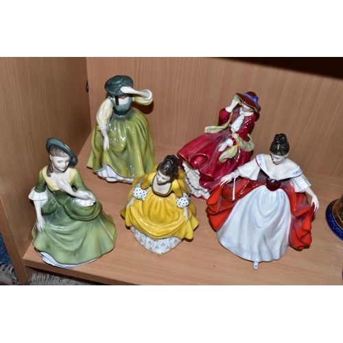 370 - FIVE ROYAL DOULTON FIGURINES, comprising Sara HN2265, Coralie HN2307, Buttercup HN2309, Top o'the Hi... 