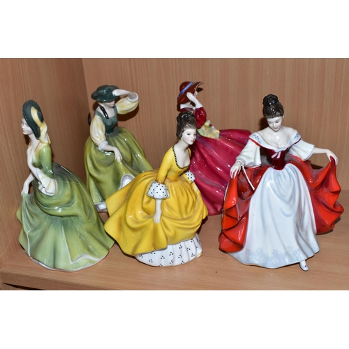 370 - FIVE ROYAL DOULTON FIGURINES, comprising Sara HN2265, Coralie HN2307, Buttercup HN2309, Top o'the Hi... 