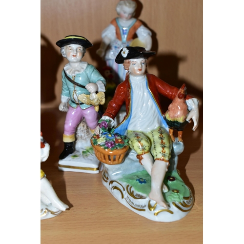 375 - A GROUP OF DRESDEN AND SITZENDORF PORCELAIN FIGURE GROUP, comprising a Sitzendorf seated girl with a... 