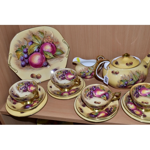 377 - AN AYNSLEY 'ORCHARD GOLD' GILDED TEA SET, comprising a teapot signed D. Jones (large crack along the... 