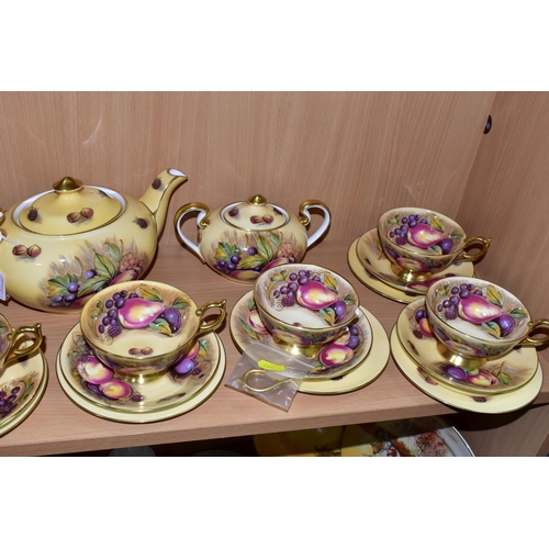 377 - AN AYNSLEY 'ORCHARD GOLD' GILDED TEA SET, comprising a teapot signed D. Jones (large crack along the... 