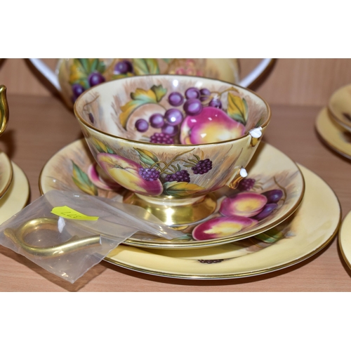 377 - AN AYNSLEY 'ORCHARD GOLD' GILDED TEA SET, comprising a teapot signed D. Jones (large crack along the... 