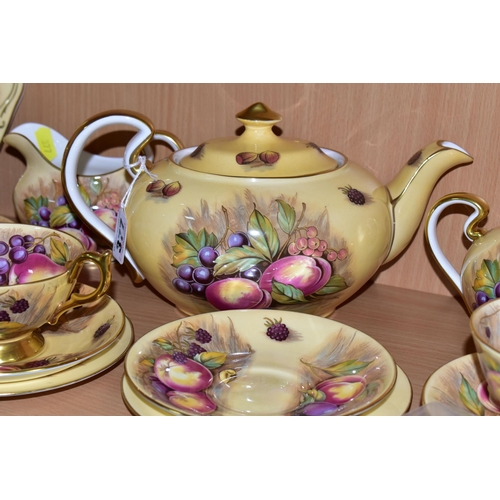 377 - AN AYNSLEY 'ORCHARD GOLD' GILDED TEA SET, comprising a teapot signed D. Jones (large crack along the... 