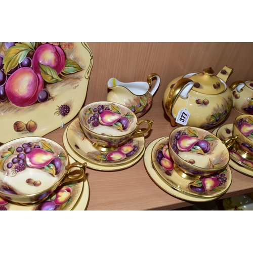 377 - AN AYNSLEY 'ORCHARD GOLD' GILDED TEA SET, comprising a teapot signed D. Jones (large crack along the... 