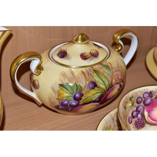 377 - AN AYNSLEY 'ORCHARD GOLD' GILDED TEA SET, comprising a teapot signed D. Jones (large crack along the... 