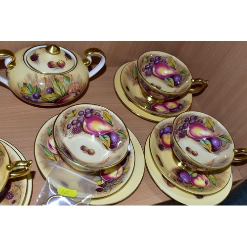 377 - AN AYNSLEY 'ORCHARD GOLD' GILDED TEA SET, comprising a teapot signed D. Jones (large crack along the... 