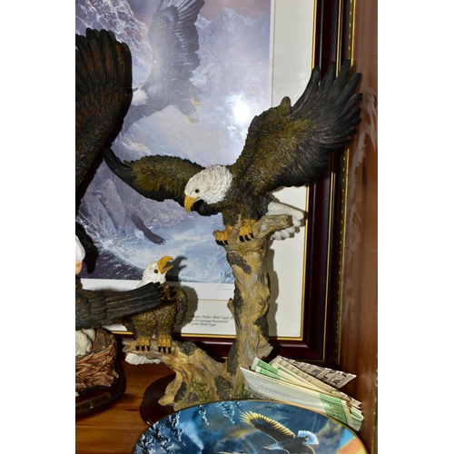 379 - A COLLECTION OF BALD EAGLE ORNAMENTS AND COLLECTOR'S PLATES, comprising an Italian RCR  mantel clock... 