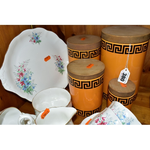 380 - A GROUP OF FOUR PORTMEIRION POTTERY KITCHEN CANNISTERS TOGETHER WITH A ROYAL ALBERT FRIENDSHIP SERIE... 