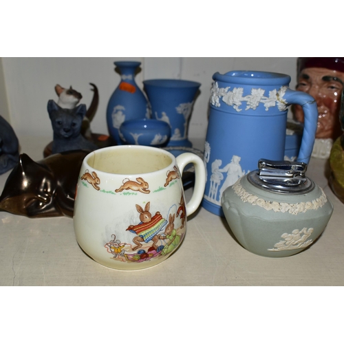 385 - A GROUP OF ASSORTED CERAMICS, comprising a Beswick Fox 1017 (chipped ear), three miniature Cloisonné... 