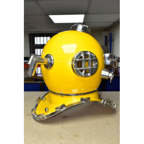 398 - A REPRODUCTION US NAVY DIVING HELMET, for decorative purposes, bright yellow orange finish, plaque t... 