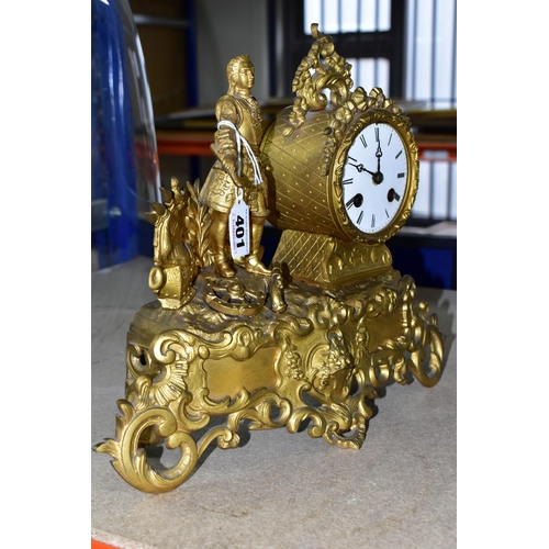 401 - A GILT JAPY FRERES FIGURAL MANTEL CLOCK WITH DOME,  the gilt scrolling base surmounted by a figure o... 