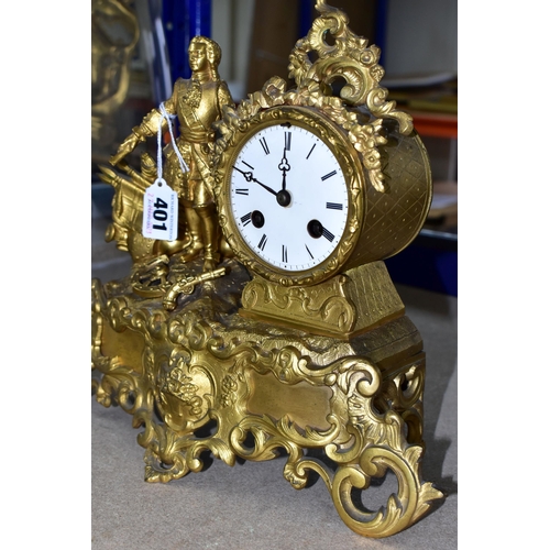 401 - A GILT JAPY FRERES FIGURAL MANTEL CLOCK WITH DOME,  the gilt scrolling base surmounted by a figure o... 