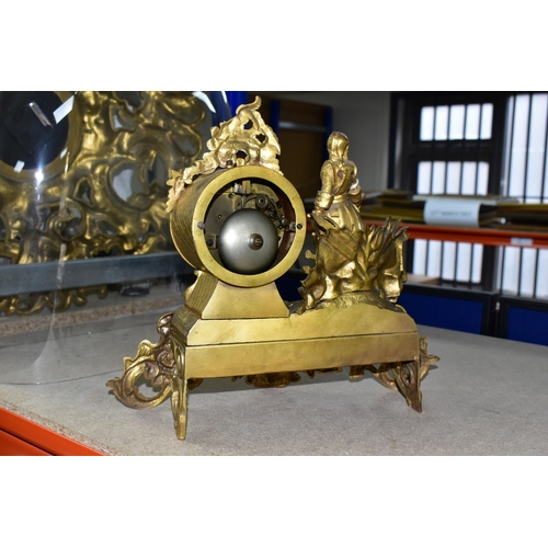 401 - A GILT JAPY FRERES FIGURAL MANTEL CLOCK WITH DOME,  the gilt scrolling base surmounted by a figure o... 