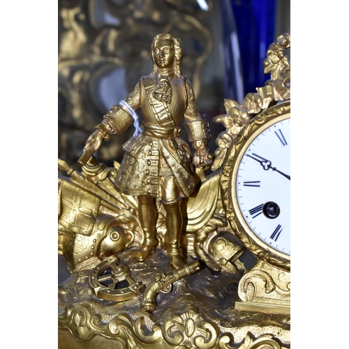 401 - A GILT JAPY FRERES FIGURAL MANTEL CLOCK WITH DOME,  the gilt scrolling base surmounted by a figure o... 