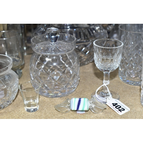 402 - A GROUP OF CUT CRYSTAL AND OTHER GLASSWARES, over thirty pieces to include a set of four Waterford C... 