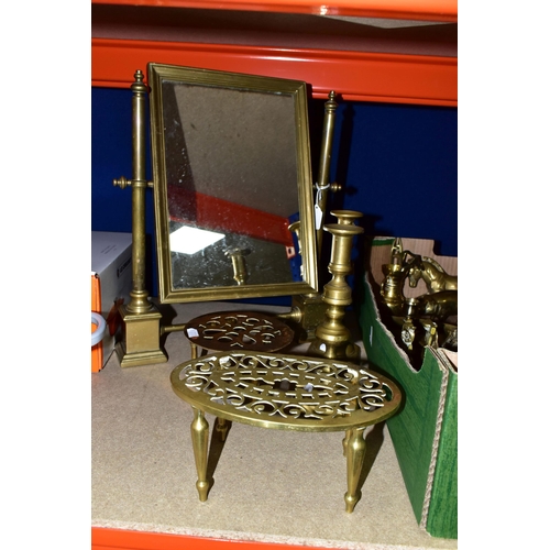 407 - A BOX AND LOOSE BRASSWARES, to include a brass framed tilting dressing table mirror height 41.5cm, m... 