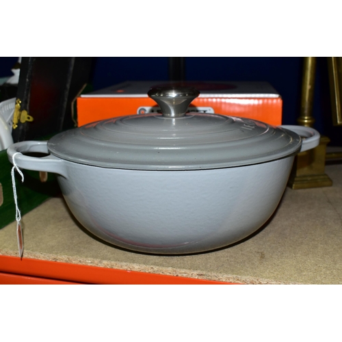 408 - A BOXED LE CREUSET SIGNATURE SOUP POT, in Mist Grey enamelled cast iron, diameter 26cm, capacity 4.1... 