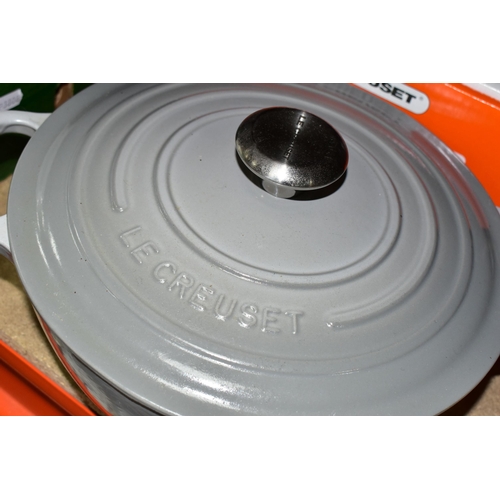 408 - A BOXED LE CREUSET SIGNATURE SOUP POT, in Mist Grey enamelled cast iron, diameter 26cm, capacity 4.1... 