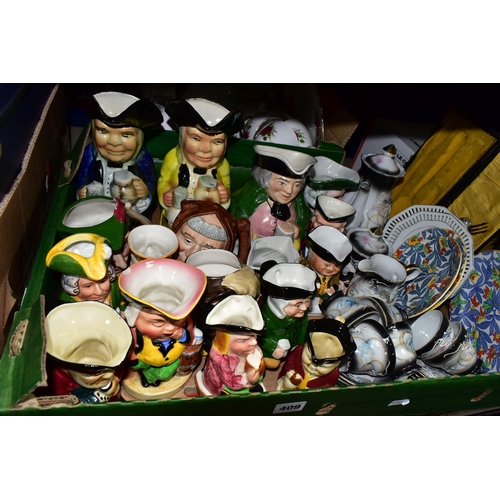 409 - TWO BOXES OF CERAMICS, to include a collection of eighteen Toby and character jugs by makers includi... 