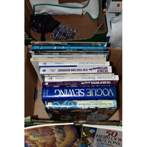 412 - TWO BOXES AND LOOSE SEWING MACHINE, ACCESSORIES, HABERDASHERY AND SEWING BOOKS, to include a Singer ... 