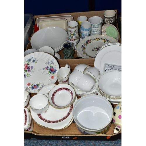 413 - TWO BOXES OF CERAMICS, to include nine pieces of Royal Doulton Minuet H5026 tea wares, a Crown Staff... 