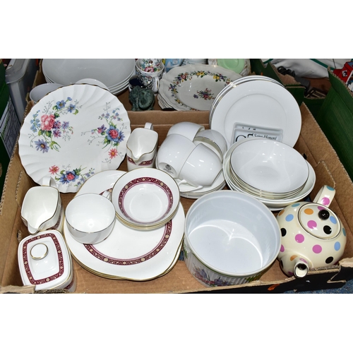 413 - TWO BOXES OF CERAMICS, to include nine pieces of Royal Doulton Minuet H5026 tea wares, a Crown Staff... 