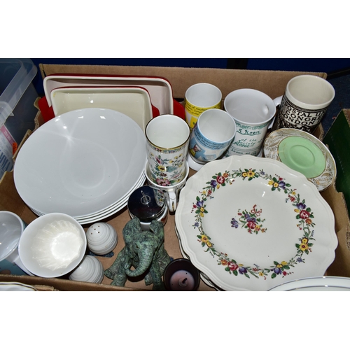 413 - TWO BOXES OF CERAMICS, to include nine pieces of Royal Doulton Minuet H5026 tea wares, a Crown Staff... 