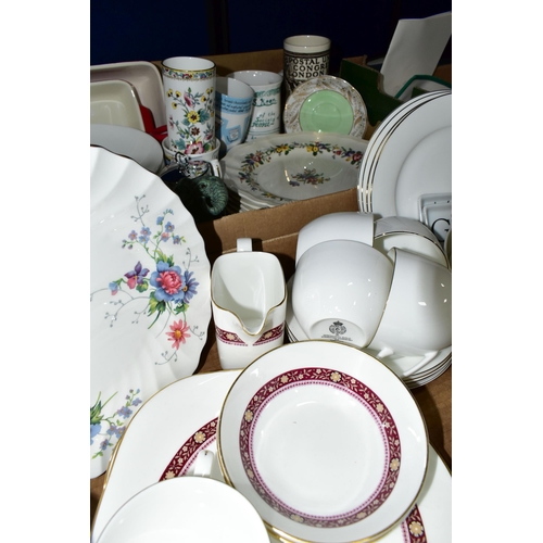 413 - TWO BOXES OF CERAMICS, to include nine pieces of Royal Doulton Minuet H5026 tea wares, a Crown Staff... 