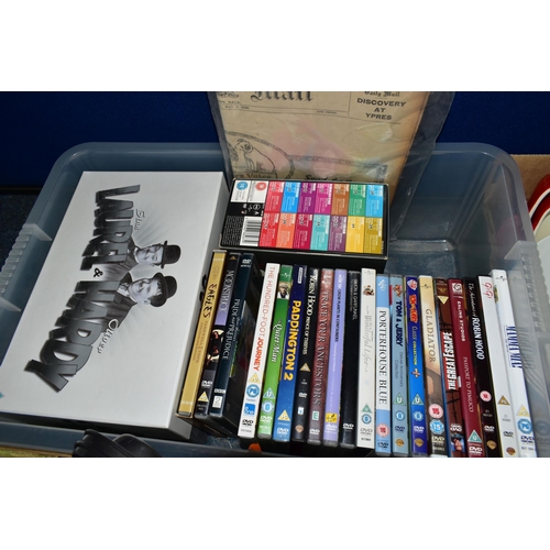 414 - TWO BOXES AND LOOSE DVDS AND SUNDRY HOMEWARES, to include a boxed Laurel & Hardy DVD Collection, an ... 