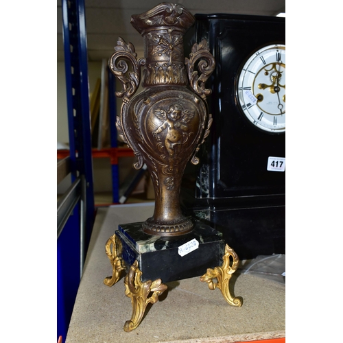 417 - A BLACK SLATE AND MARBLE CASED CLOCK GARNITURE, having brocot escapement, white chapter ring with bl... 