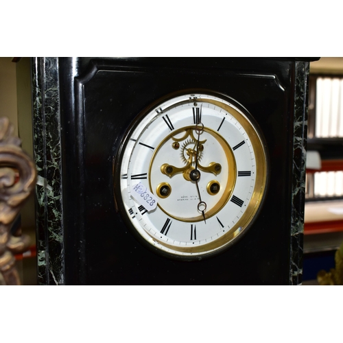 417 - A BLACK SLATE AND MARBLE CASED CLOCK GARNITURE, having brocot escapement, white chapter ring with bl... 