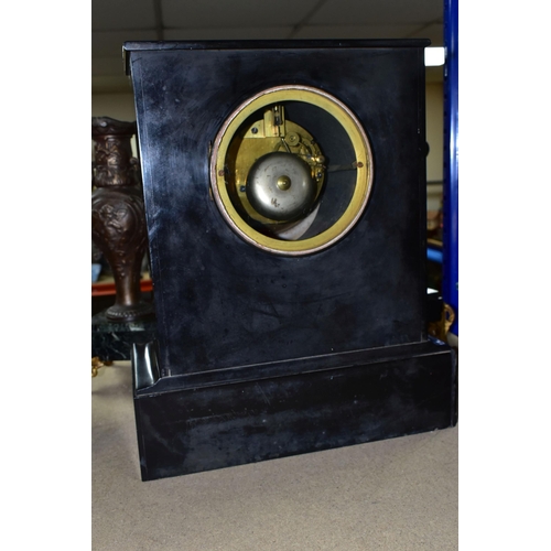 417 - A BLACK SLATE AND MARBLE CASED CLOCK GARNITURE, having brocot escapement, white chapter ring with bl... 