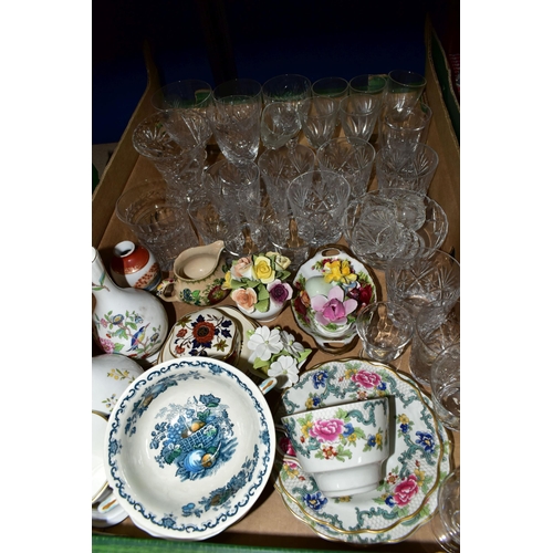 421 - THREE BOXES OF CERAMICS, GLASS, MAGAZINES AND SUNDRY ITEMS, to include a Booths Floradora trio, a Ro... 