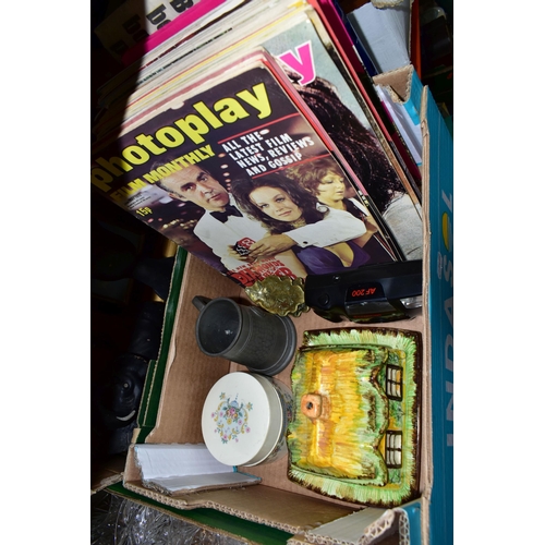 421 - THREE BOXES OF CERAMICS, GLASS, MAGAZINES AND SUNDRY ITEMS, to include a Booths Floradora trio, a Ro... 