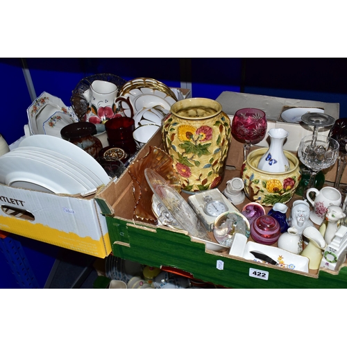 422 - TWO BOXES AND LOOSE CERAMICS AND GLASSWARES, to include two Caithness paperweights: Pixie and Daydre... 