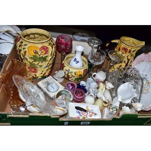 422 - TWO BOXES AND LOOSE CERAMICS AND GLASSWARES, to include two Caithness paperweights: Pixie and Daydre... 