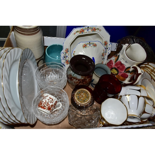 422 - TWO BOXES AND LOOSE CERAMICS AND GLASSWARES, to include two Caithness paperweights: Pixie and Daydre... 