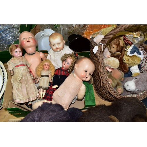 425 - TWO BOXES AND LOOSE DOLLS AND SOFT TOYS, to include  a wax headed doll with composition lower limbs,... 