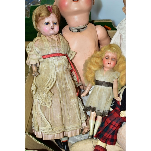 425 - TWO BOXES AND LOOSE DOLLS AND SOFT TOYS, to include  a wax headed doll with composition lower limbs,... 