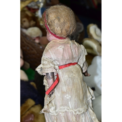 425 - TWO BOXES AND LOOSE DOLLS AND SOFT TOYS, to include  a wax headed doll with composition lower limbs,... 