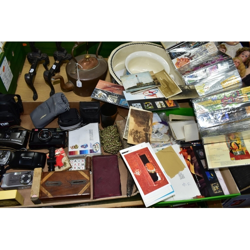 426 - TWO BOXES AND LOOSE EPHEMERA, METAL WARES, AND SUNDRY ITEMS, to include twenty two early twentieth c... 