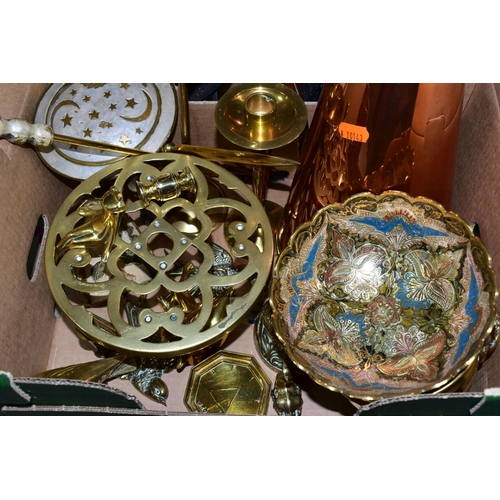 428 - TWO BOXES OF METALWARES, to include a copper jug height 35cm, a box of brass wares including a trive... 