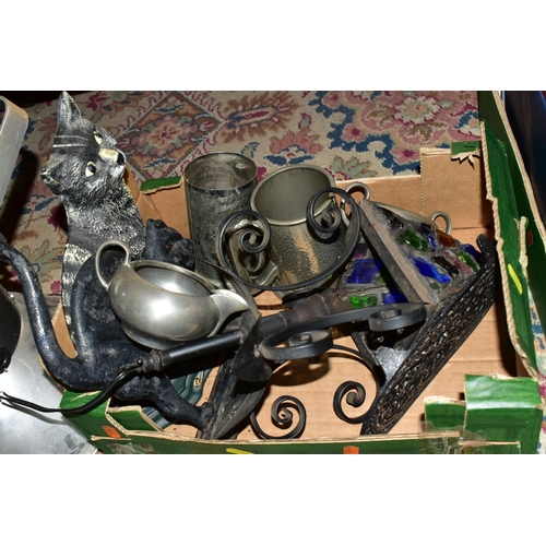 428 - TWO BOXES OF METALWARES, to include a copper jug height 35cm, a box of brass wares including a trive... 